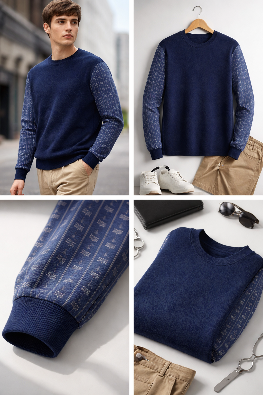 Navy Pattern Sleeve Sweater