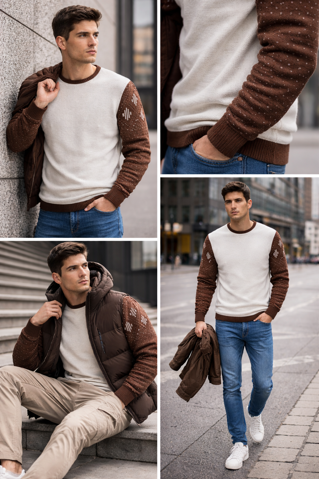 Minimal Knit Sweater – Off-White & Brown Pattern