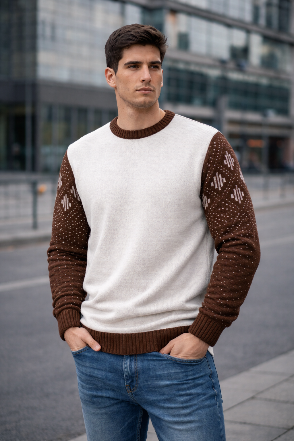 Minimal Knit Sweater – Off-White & Brown Pattern