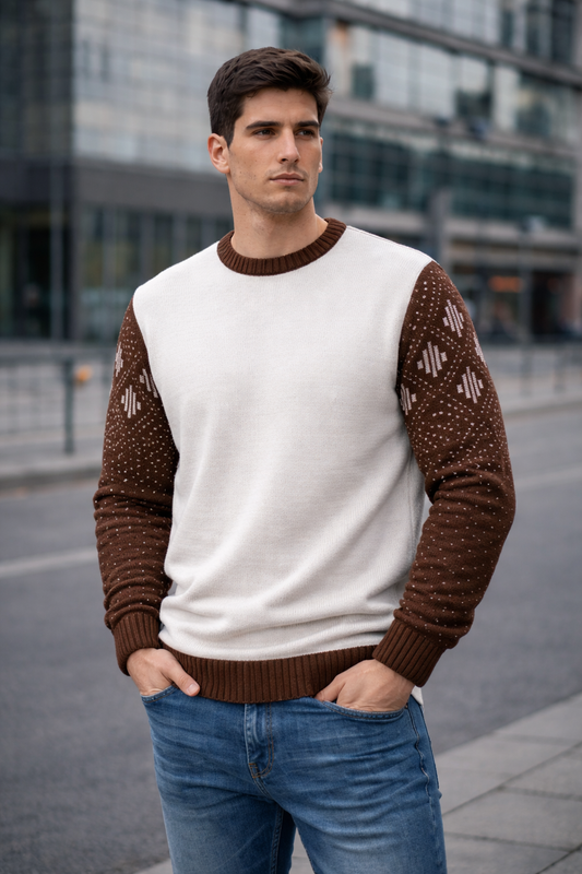 Minimal Knit Sweater – Off-White & Brown Pattern